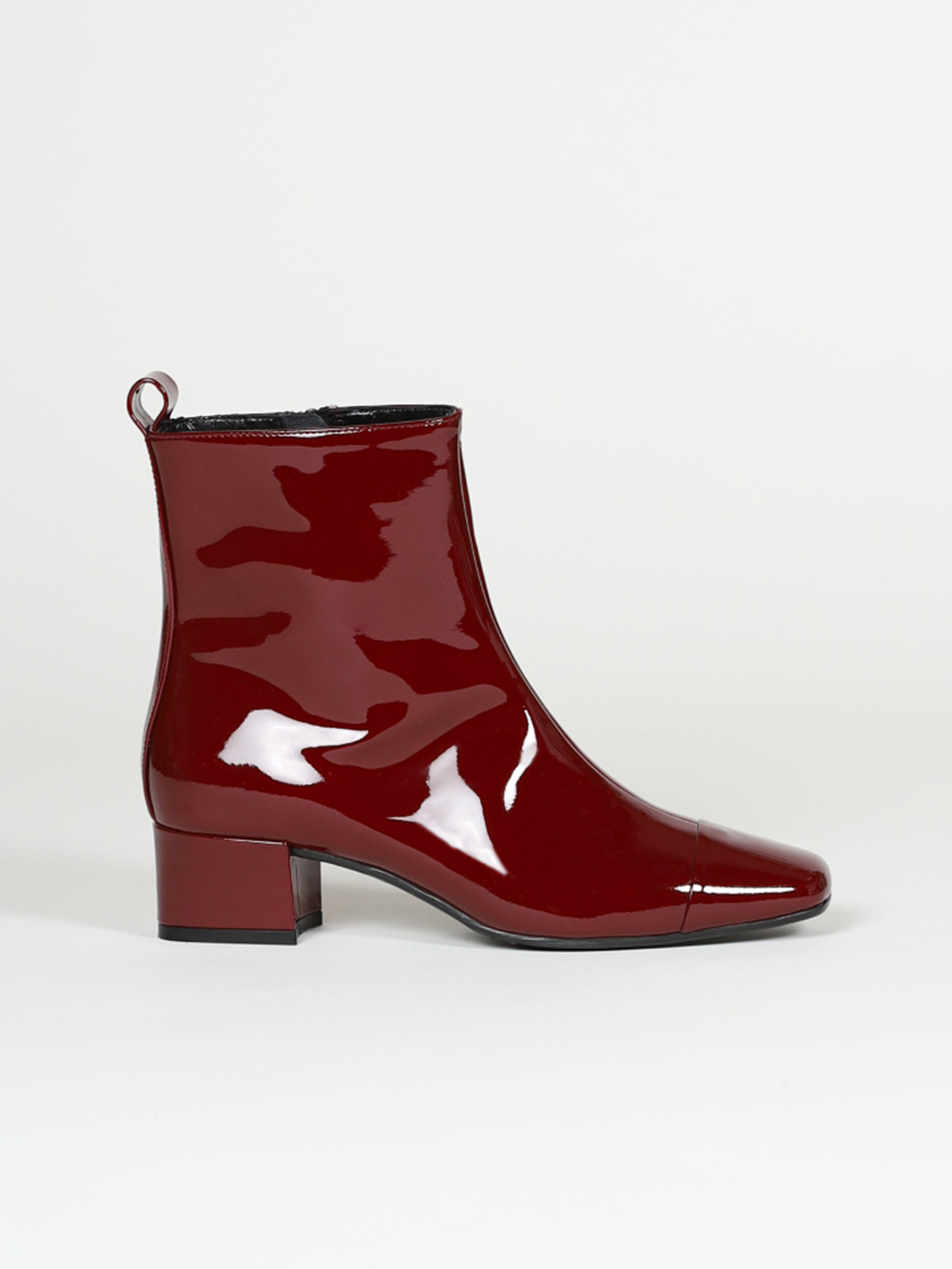 Burgundy patent leather ankle boots